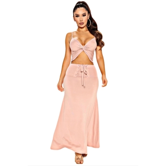 Fashion Nova ✦ Mauve Skirt Set ✦ Twist-Front Crop Top + Lace-Up Maxi Skirt Sz XS - Picture 3 of 11